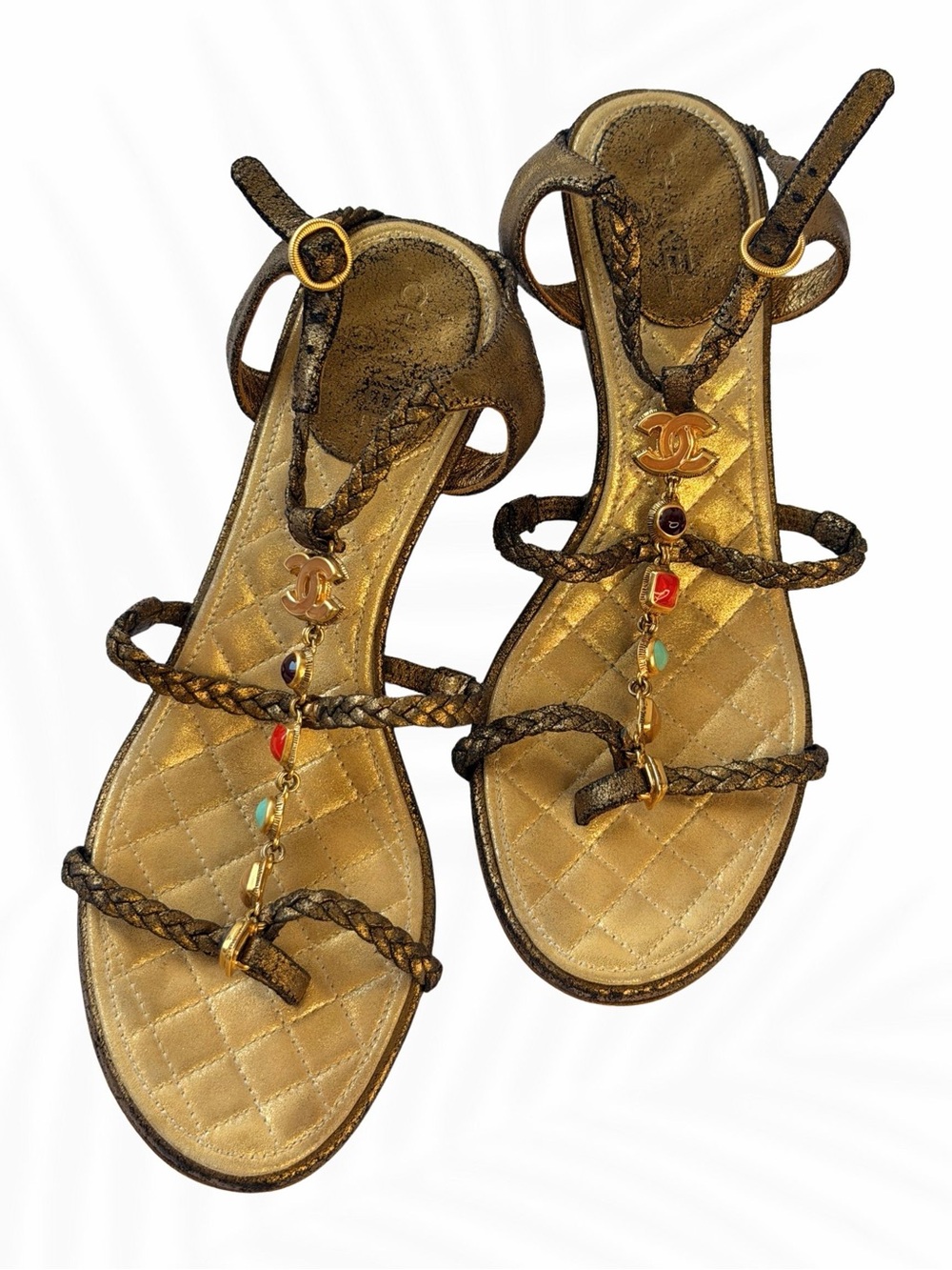 Chanel CC Gem Chain T-Strap Wedge Sandals Gold Quilted Leather Size 35 / US 5